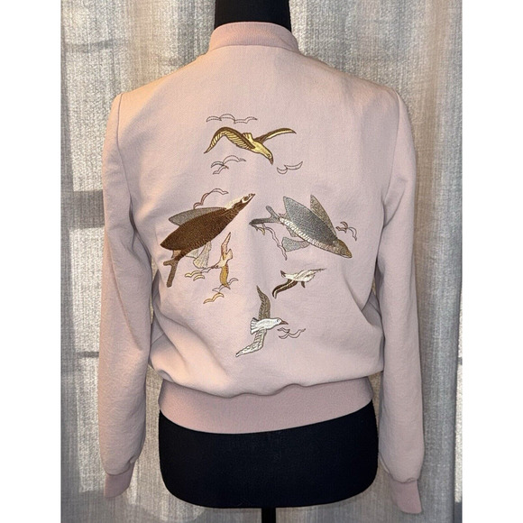 ARITZIA Wilfred Women’s XS Poussin Snap Bomber Jacket Embroidered Birds Blush - Picture 5 of 12